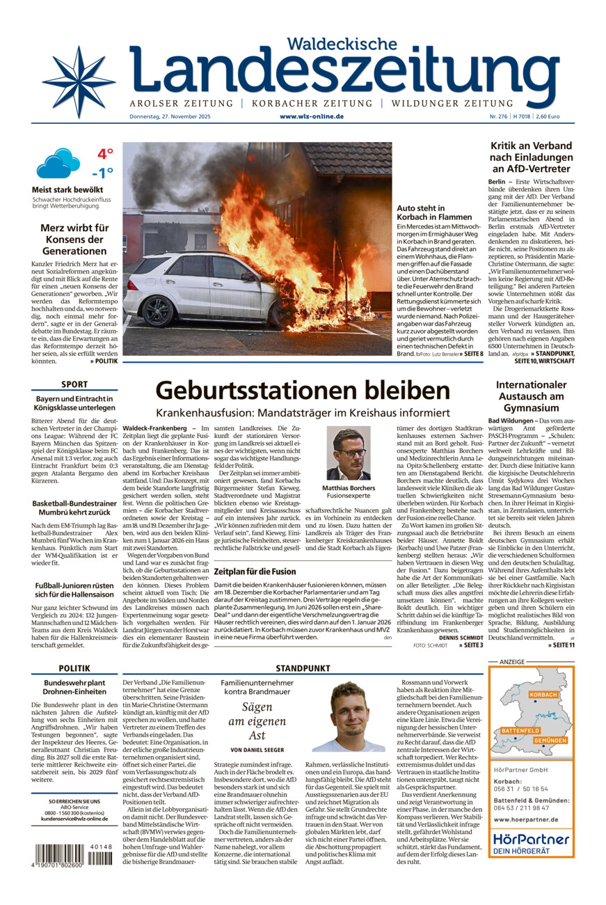 Waldeckische Landeszeitung vom Donnerstag, 27.11.2025