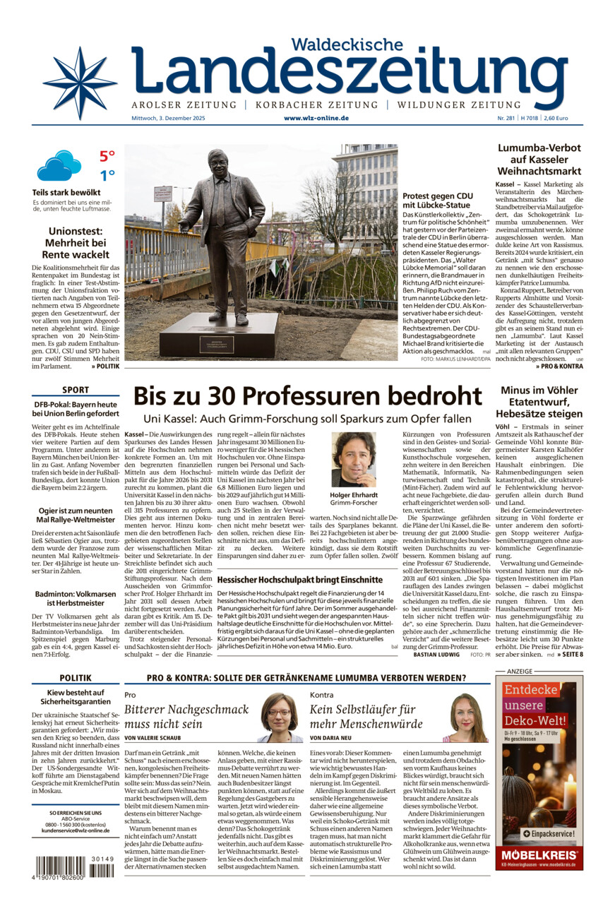 Waldeckische Landeszeitung vom Mittwoch, 03.12.2025
