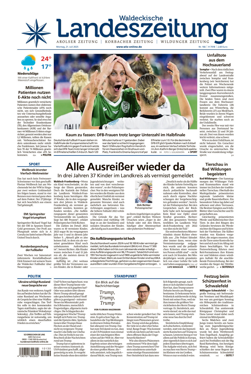 Waldeckische Landeszeitung vom Montag, 21.07.2025
