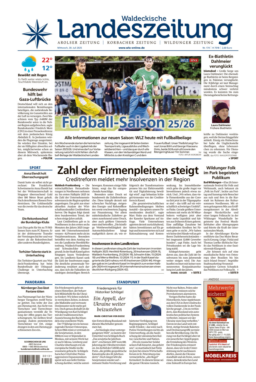 Waldeckische Landeszeitung vom Mittwoch, 30.07.2025