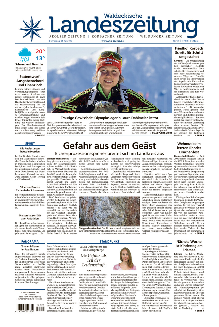 Waldeckische Landeszeitung vom Donnerstag, 31.07.2025
