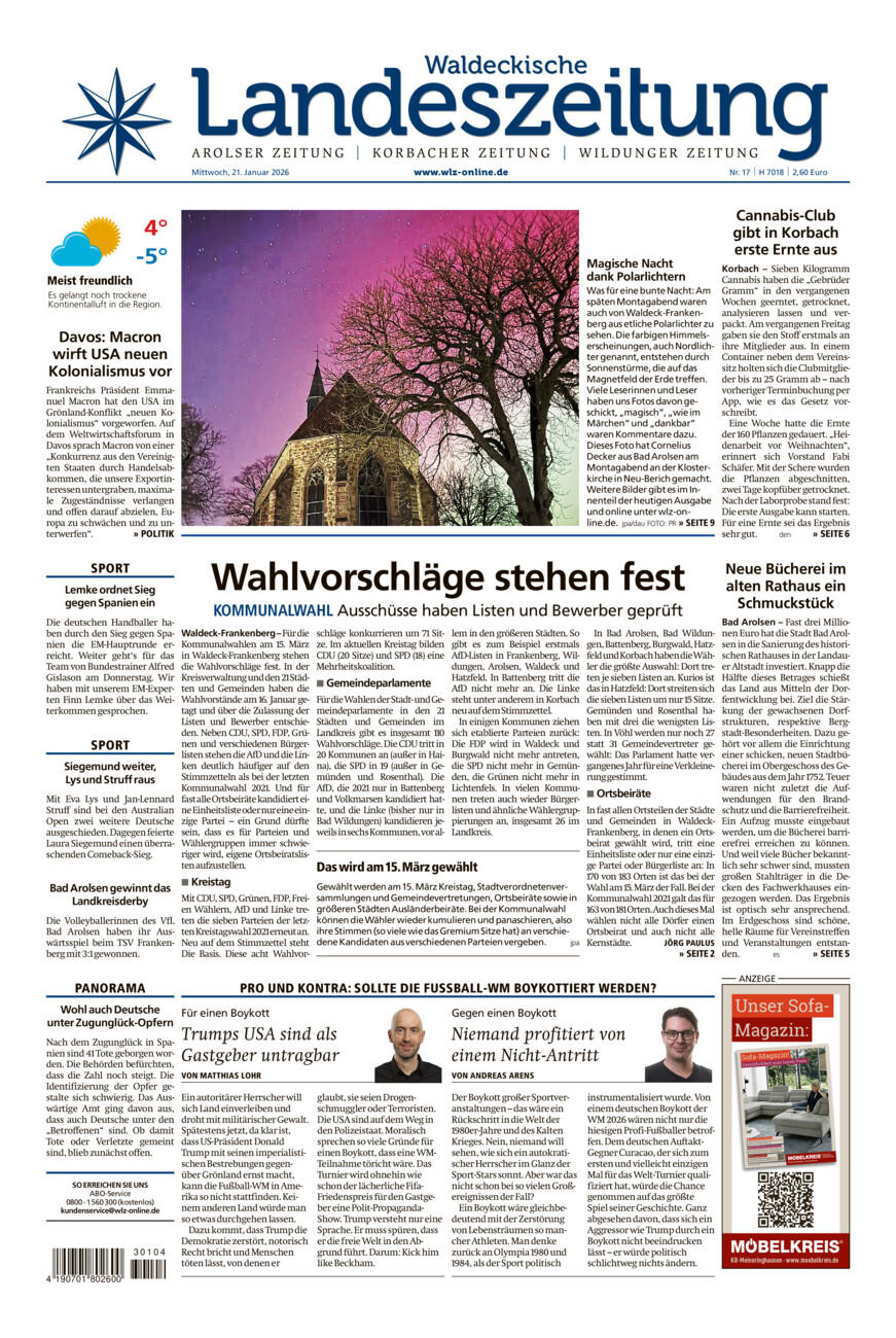 Waldeckische Landeszeitung vom Mittwoch, 21.01.2026