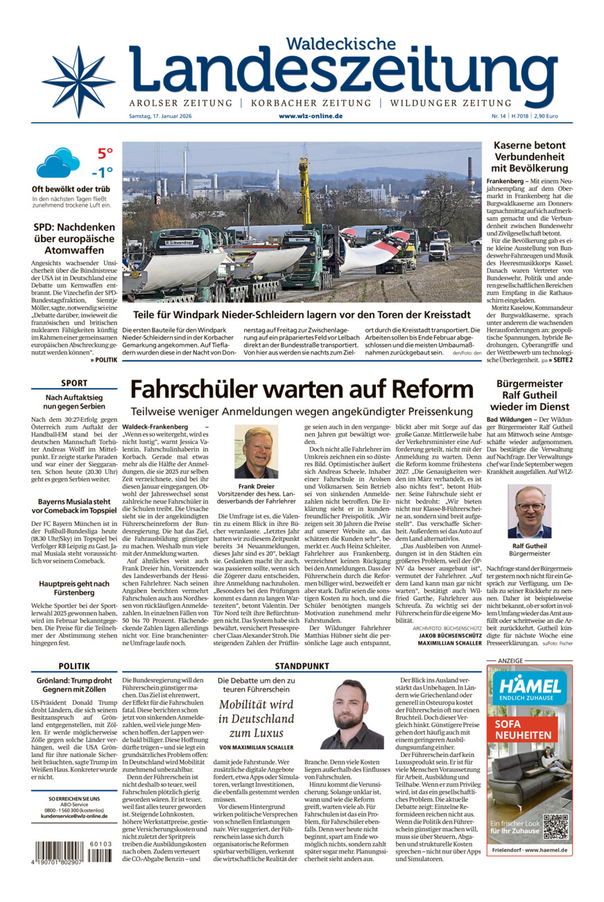 Waldeckische Landeszeitung vom Samstag, 17.01.2026