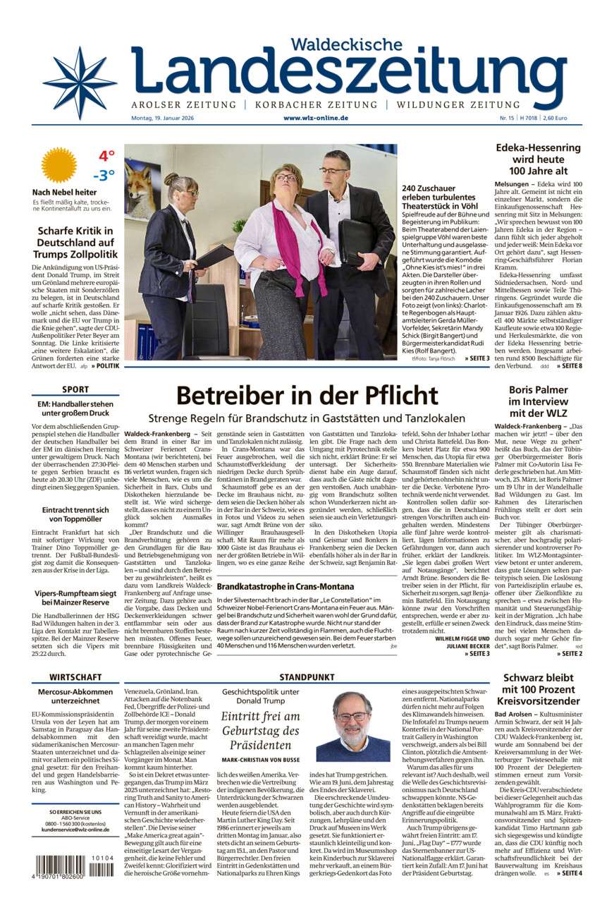 Waldeckische Landeszeitung vom Montag, 19.01.2026
