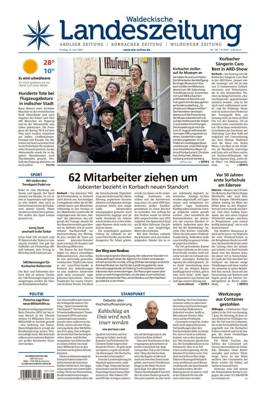 Waldeckische Landeszeitung vom Freitag, 13.06.2025