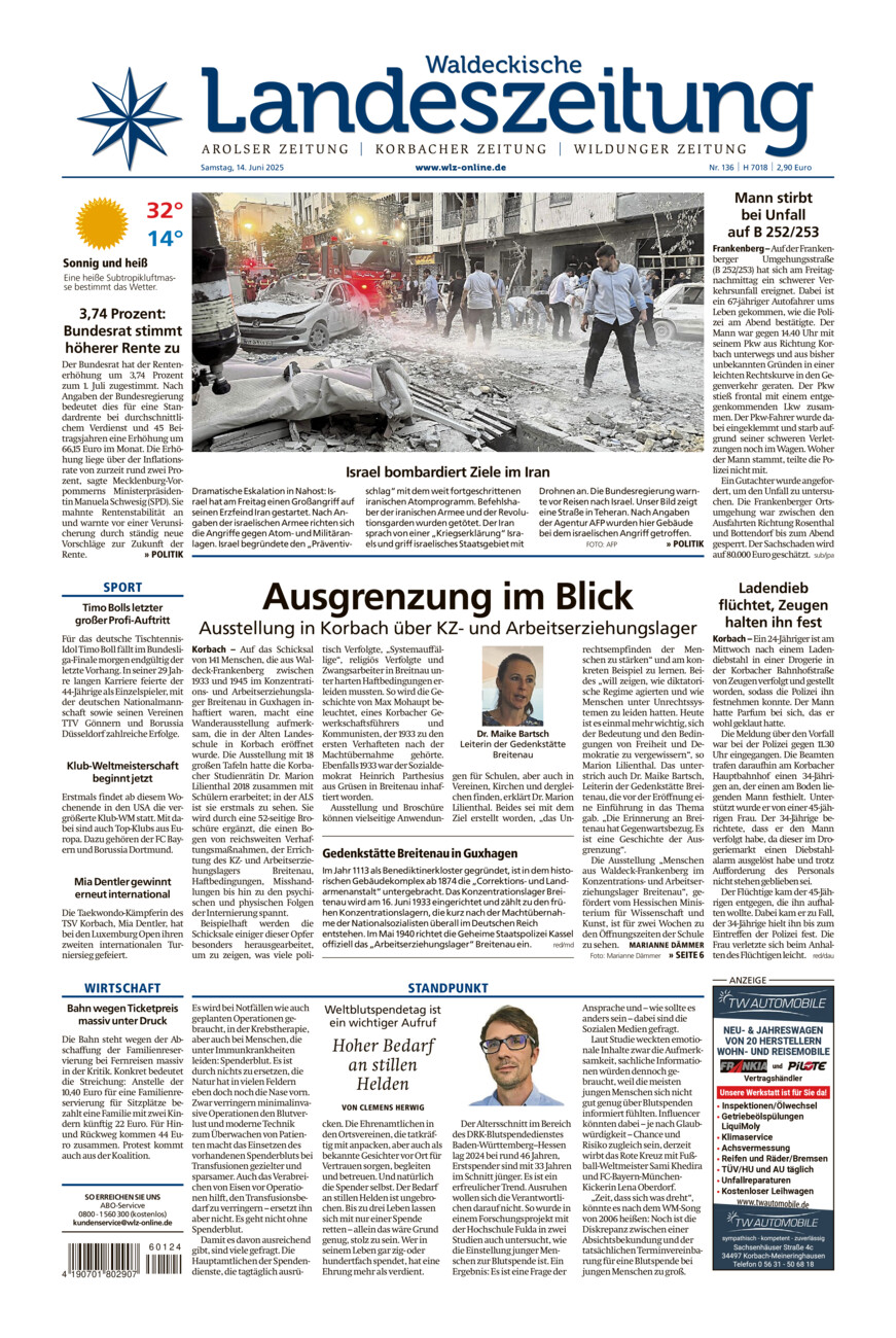 Waldeckische Landeszeitung vom Samstag, 14.06.2025
